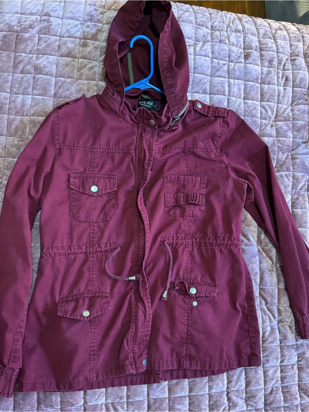 Blue Age Burgundy Hooded Utility Jacket L Drawstring Waist Military Anorak